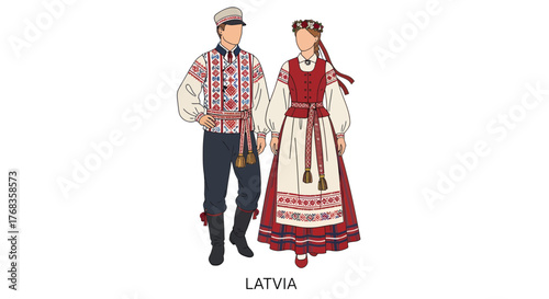 Vibrant flat vector illustration depicting a man and woman adorned in traditional Latvian folk costumes, celebrating ethnic heritage and Baltic cultural attire