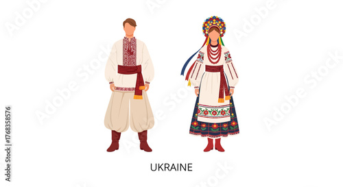 Traditional Ukrainian man and woman in folk costumes standing together, vector illustration, cultural heritage, traditional dress, Ukraine