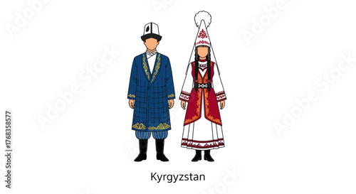 Flat vector illustration of traditional Kyrgyz national costumes, depicting a man and woman in their distinctive cultural clothing and heritage attire from Kyrgyzstan, isolated on white