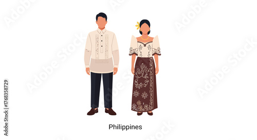 Traditional Filipino couple in national attire illustration. Man wears Barong Tagalog, woman wears elegant cultural dress, symbolizing Philippine heritage