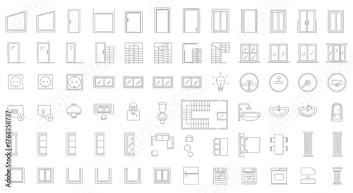 Extensive architectural design vector icon pack, showcasing minimalist line art for floor plan layouts including doors, windows, furniture, and essential building elements