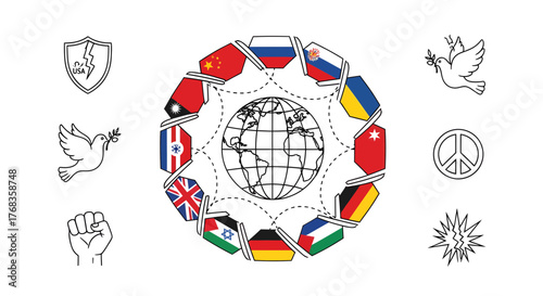 Global Debt Icons Surrounding the Earth, Vector Illustration, Various Countries Flags Represented