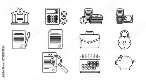 Minimalist Finance and Business Icons Set Outline Vector Symbols for Banking, Accounting, and Economic Concepts in Digital Design