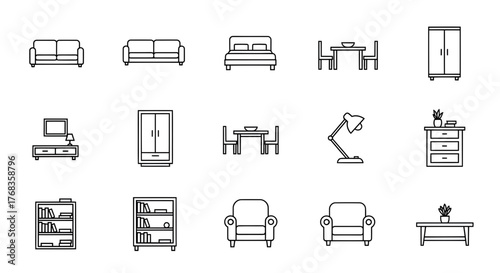 Essential Home Furniture Line Icons Collection for Modern Interior Design, Featuring Minimalist Vector Symbols of Household Items and Room Decor Elements