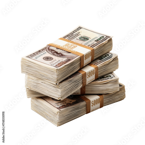 Piles of hundred dollar banknotes tightly bound with rubber straps arranged in organized stacks on a dark isolated background transfer background