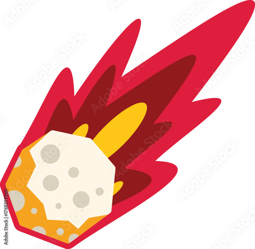 Burning meteor falling down with fire tail and smoke