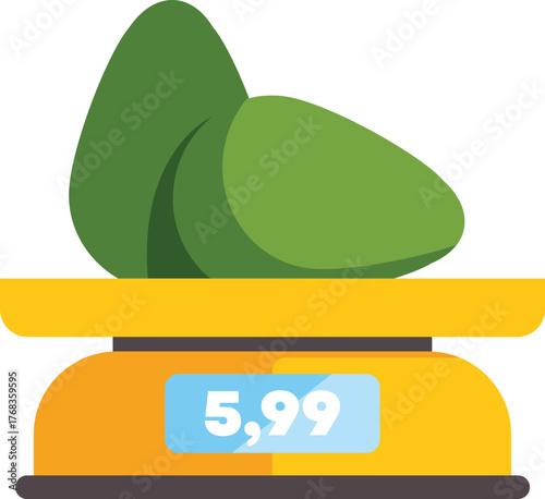 Two avocados are being weighed on a digital grocery scale, displaying a price of 5.99