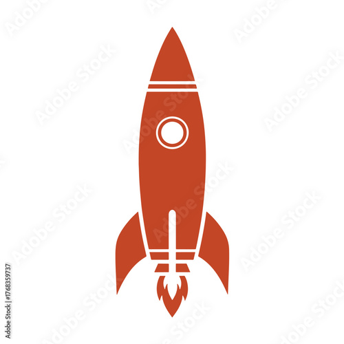 Orange rocket ship with circular window and flame exhaust on white background spaceship space