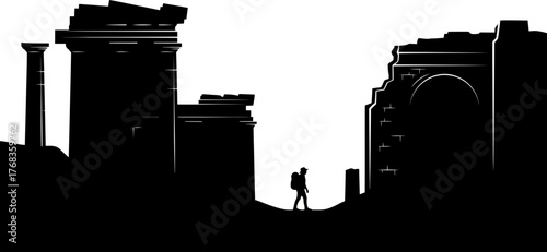 solitary traveler explores ancient ruins, tracing echoes of forgotten civilizations