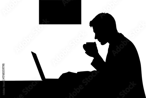 productive silence silhouette working, sipping, connecting global digital realities
