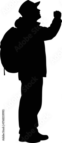 solitary explorer raises fist, celebrating triumph on epic journey ahead