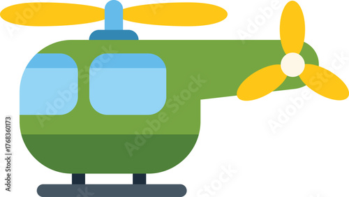 Cartoon style green helicopter hovering in the air, with spinning rotors, isolated on a white background