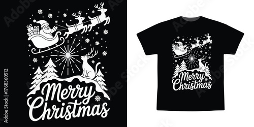 Merry Christmas Black and White Logo – Santa Sleigh with Reindeer Flying over Trees, Snowflakes, and Cat Illustration