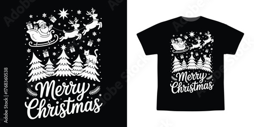 Merry Christmas Black and White Logo – Santa Sleigh with Reindeer Flying over Trees, Snowflakes, and Cat Illustration