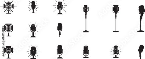 Collection of various vintage and modern microphone silhouettes for audio recording broadcast and performance vector