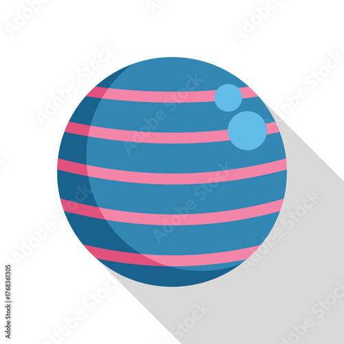 Illustration of a blue planet with pink stripes and two light blue spots, rotating in the vastness of space