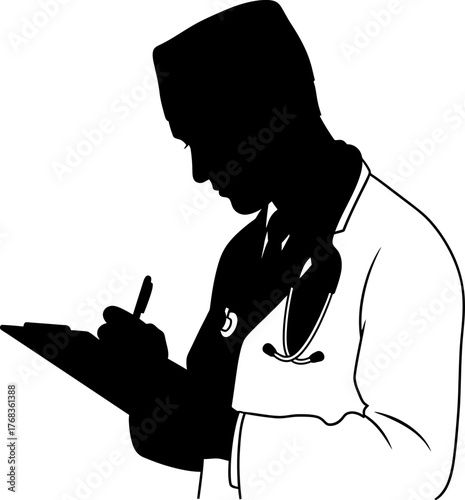 focused medical professional accurately records data, shaping futures with diligent expertise