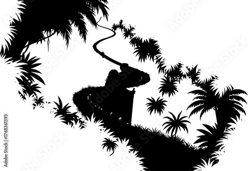 explorers solitary trek through winding jungle path, seeking adventure