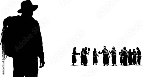 solitary adventurer encounters distant folk culture, embracing global human spirit