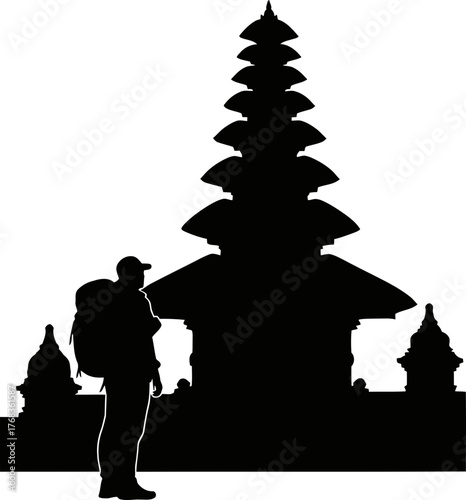 wanderer stands before sacred spire, embracing ancient wonder, seeking deeper meaning