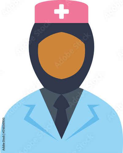 Portrait of a muslim woman doctor or nurse wearing hijab and uniform, representing healthcare professionals in a diverse society