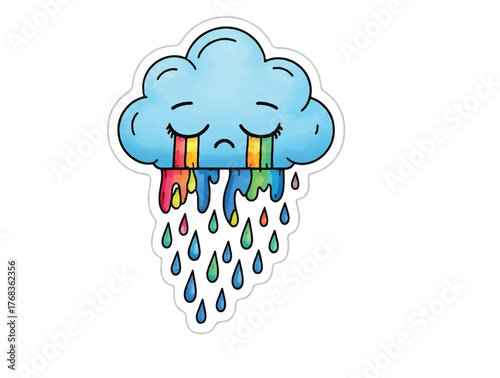 Crying cloud with rainbow tears pure white background.