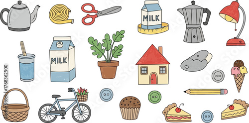 Hand Drawn Home and Kitchen Objects Doodle Illustration – Cute Everyday Items like Milk Carton, Lamp, Bicycle, Coffee Pot, and Cake