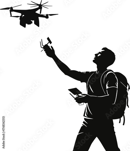 modern explorer commands drone, capturing boundless vistas from a skyward perspective