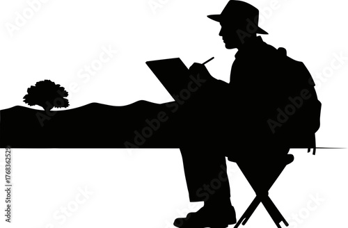 solitary artist sketches landscape, finding inspiration in natures serene embrace