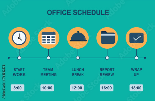 Office Schedule Timeline Infographic. Daily Work Routine, Business Productivity Planning, Time Management Vector Illustration.