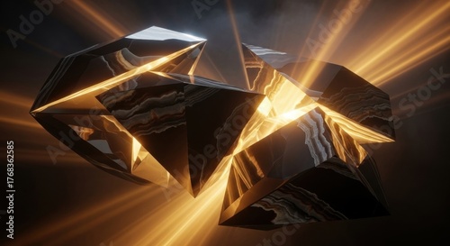 Abstract geometric shapes with reflective surfaces and glowing orange light rays form a dynamic and striking composition.