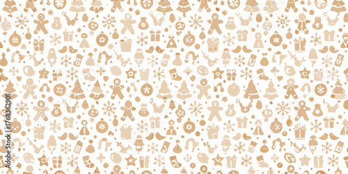 Seamless pattern of festive christmas icons in warm beige tones on a white background