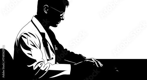 medical professional intently chronicles critical patient information, safeguarding health records rigorously