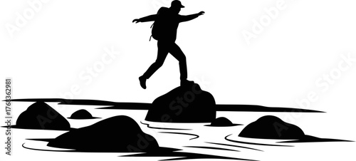 leaping forward solo adventurer conquers a challenging river crossing with confidence