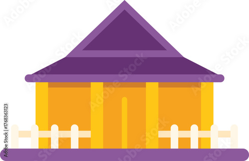Tropical bungalow with purple roof and white fence representing exotic travel destinations and vacation rentals