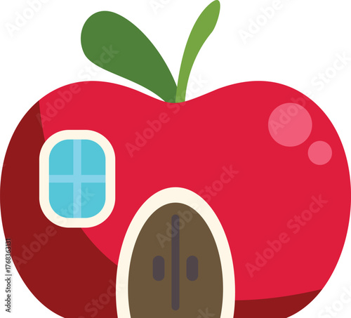 Whimsical illustration of a cozy dwelling shaped like a red apple, featuring a window and a charming wooden door