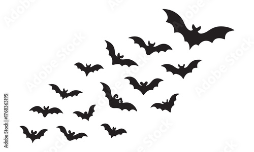 Flock of Black Bats Flying in a Swarm on White Background