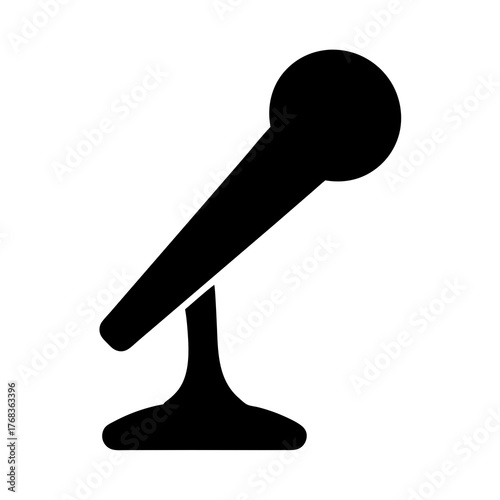Black and white illustration depicting a microphone with stand on white background