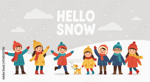 Happy children playing in the snow, greeting the winter season with joy, and enjoying the snowfall
