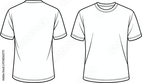 Plain T shirt template, front and back view, CAD drawing, flat vector illustration, fashion design mockup, apparel technical sketch