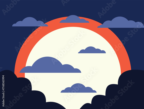 Minimalist vector illustration of a big full moon shining through some dark clouds in an orange and blue night sky