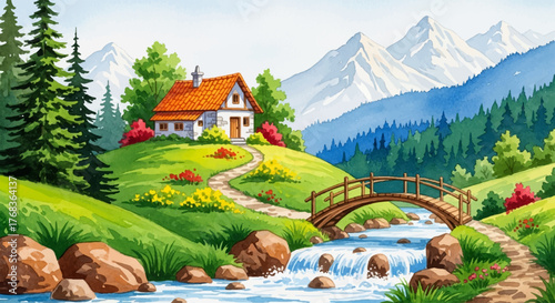 Idyllic watercolor landscape illustration of a quaint house on a green hill, with a wooden bridge over a creek and snow-capped mountains