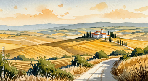 An idyllic watercolor landscape of the Tuscany countryside with a farm house on a hill, a road and golden wheat fields