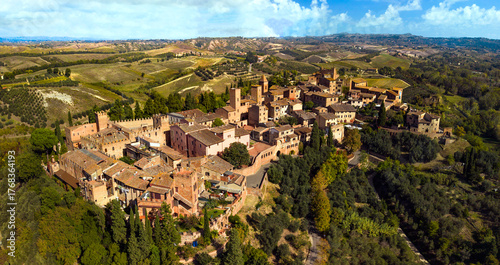 Tourism Tuscany ,Italy . Certaldo - one of the most beautiful medieval well preserved towns between Florence and Siena in the heart of Val d'Elsa. aerial drone panorama