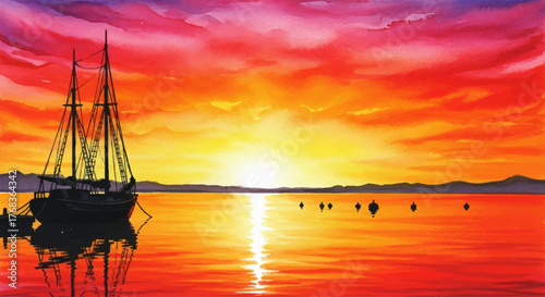 A vibrant watercolor landscape painting showcasing a silhouetted sailboat docked in a tranquil harbor during a spectacular fiery sunset
