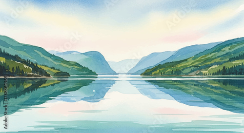 A beautiful watercolor landscape illustration of a serene mountain lake at dawn, capturing a perfect reflection of nature's beauty