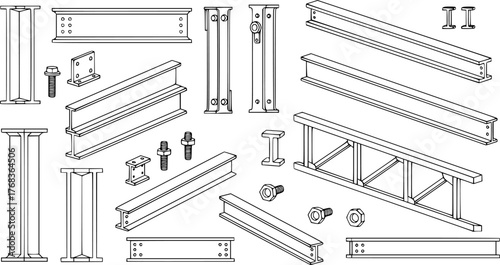 Construction elements and steel beams depicted in an architectural illustration with black outline
