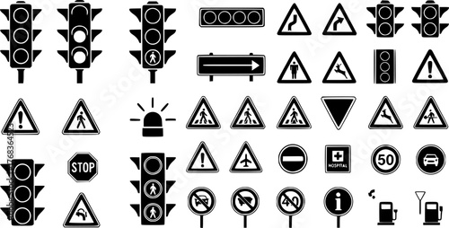 Collection of diverse black and white traffic light icons and sign illustrations for transportation and road safety designs
