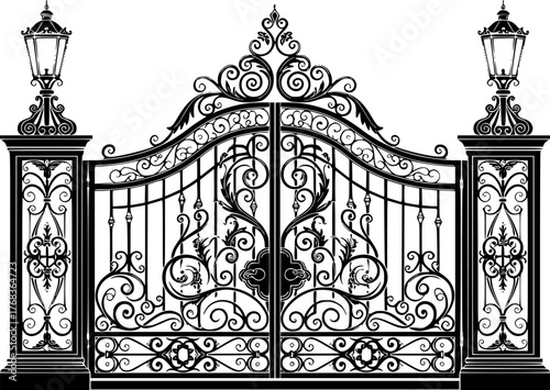 Elegant vector illustration of ornate wrought iron gate with detailed lamp posts and design

