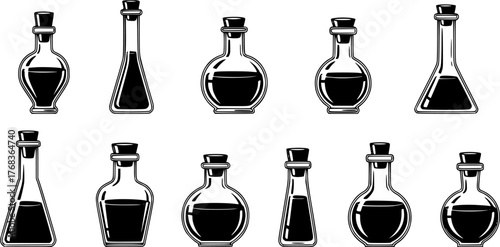 Outlined vector illustration of assorted glass bottles filled with liquid for alchemy or science
